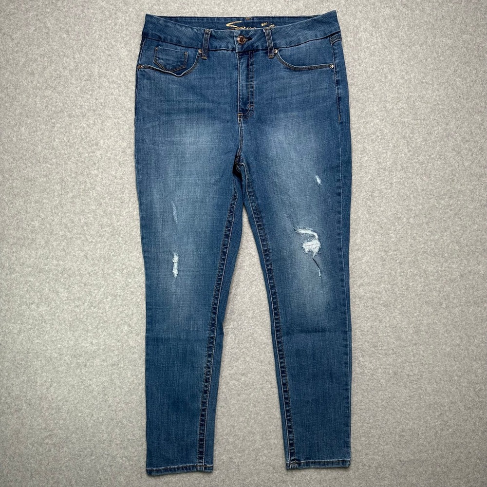 Seven7 Tummy-less High Rise Skinny Jeans Distressed Strata Blue Womens 16